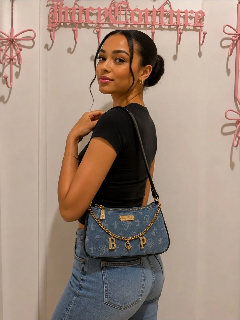 Baby Phat Denim Monogram Chain Charm Shoulder Bag in Blue